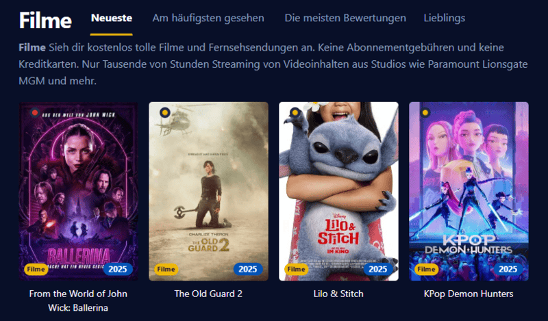 Bildschirmfoto der Filmwelt Benutzeroberflaeche die verschiedene Filmtitel und Serienfolgen zeigt